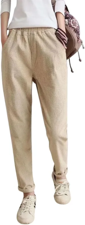 utcoco Womens Corduroy Pants Elastic High Waist Pull On Straight Leg Slacks Casual Fall Winter Trousers with Pockets