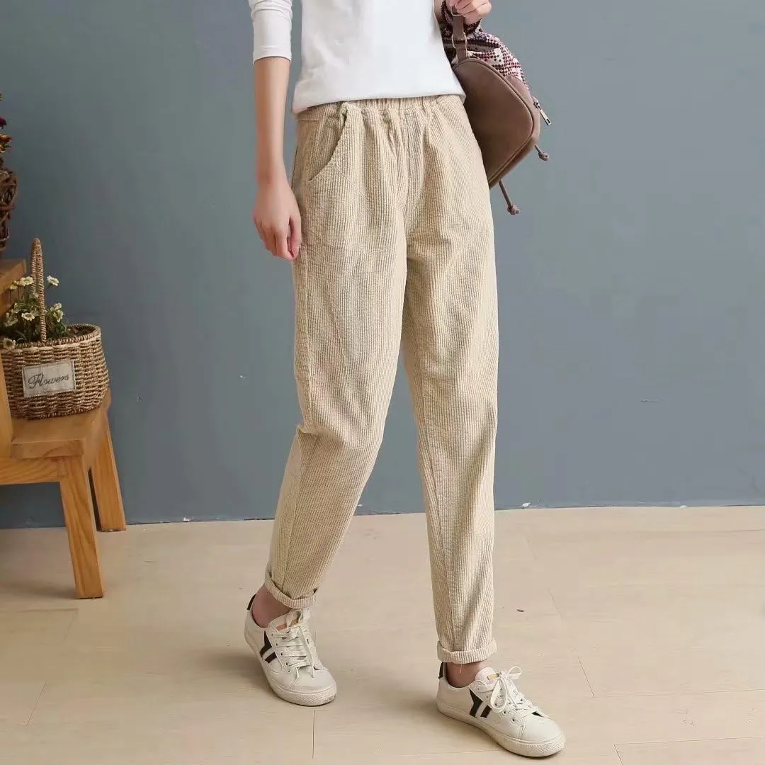 utcoco Womens Corduroy Pants Elastic High Waist Pull On Straight Leg Slacks Casual Fall Winter Trousers with Pockets