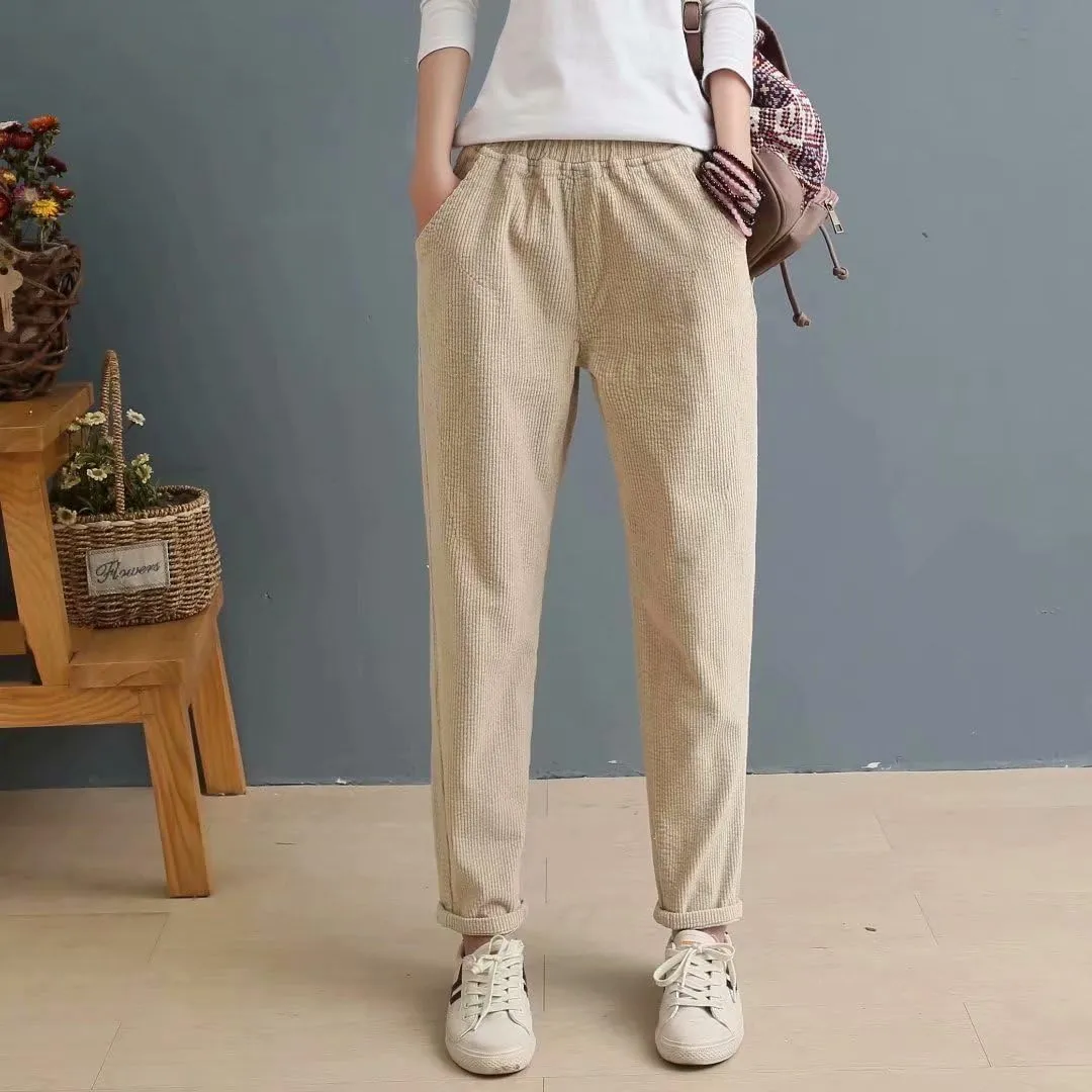 utcoco Womens Corduroy Pants Elastic High Waist Pull On Straight Leg Slacks Casual Fall Winter Trousers with Pockets