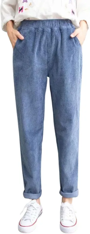 utcoco Womens Corduroy Pants Elastic High Waist Pull On Straight Leg Slacks Casual Fall Winter Trousers with Pockets
