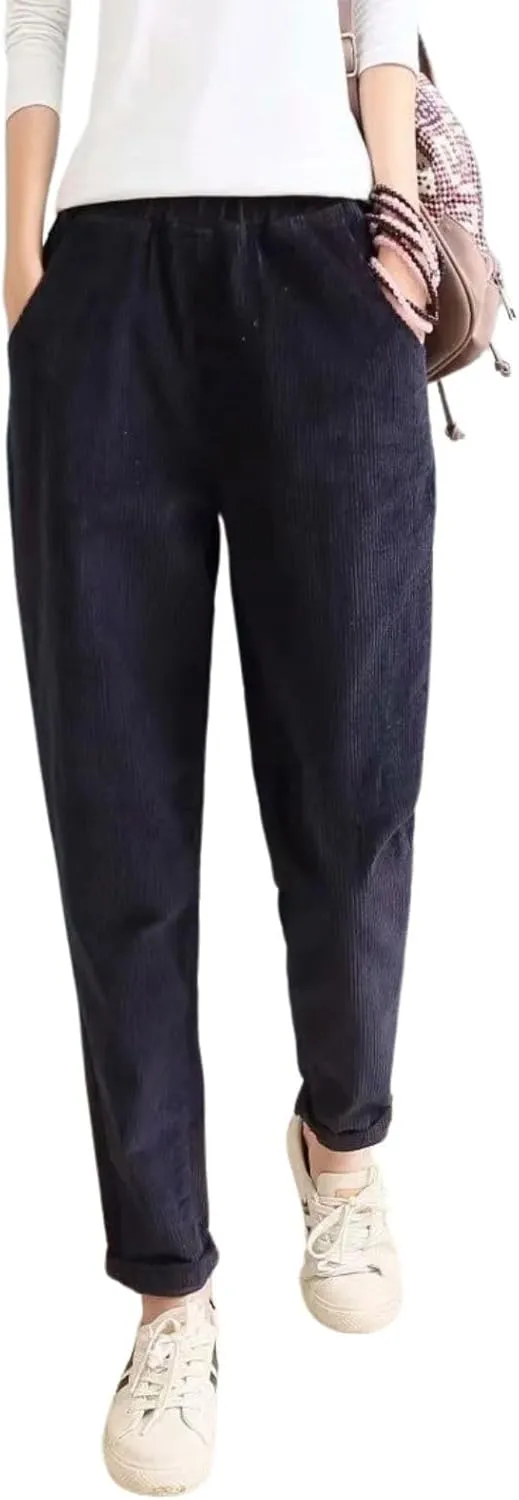 utcoco Womens Corduroy Pants Elastic High Waist Pull On Straight Leg Slacks Casual Fall Winter Trousers with Pockets