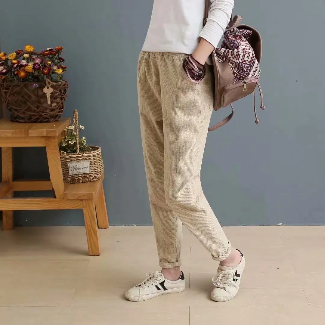 utcoco Womens Corduroy Pants Elastic High Waist Pull On Straight Leg Slacks Casual Fall Winter Trousers with Pockets