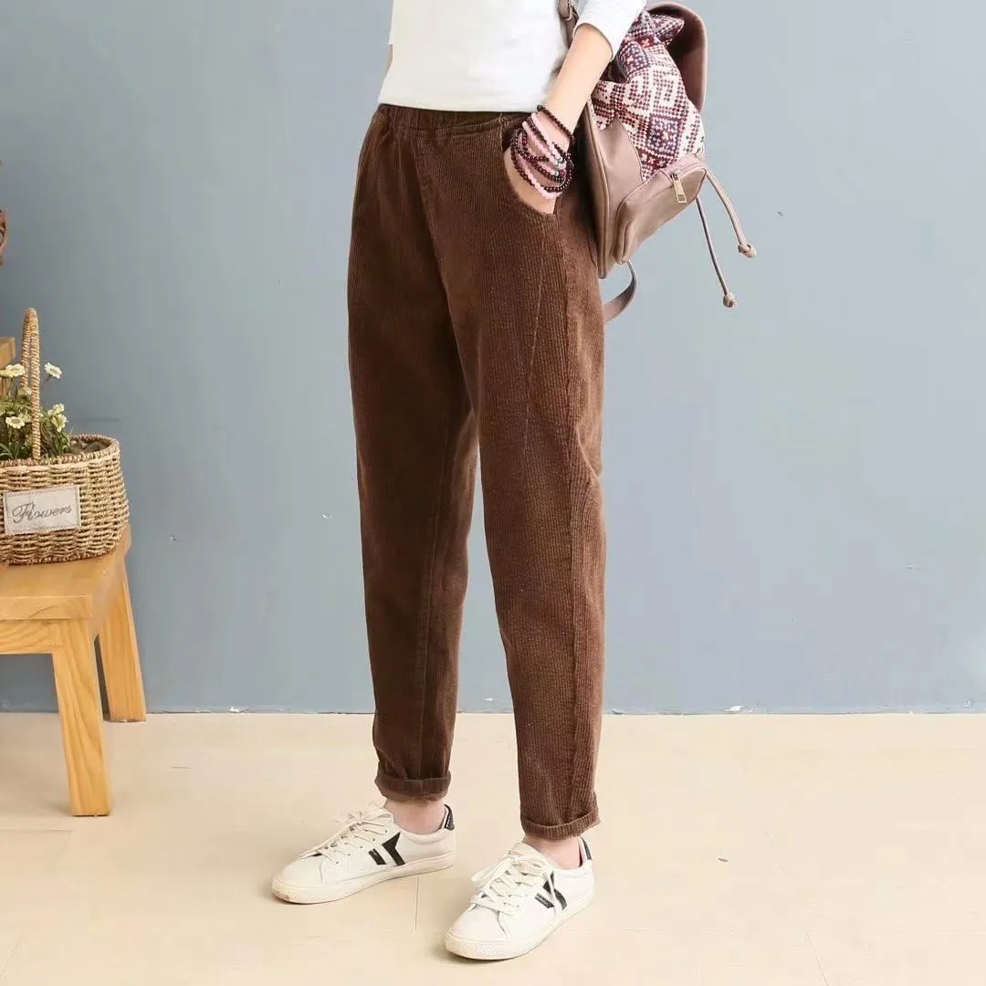 utcoco Womens Corduroy Pants Elastic High Waist Pull On Straight Leg Slacks Casual Fall Winter Trousers with Pockets