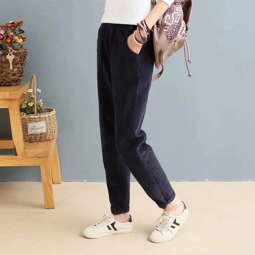 utcoco Womens Corduroy Pants Elastic High Waist Pull On Straight Leg Slacks Casual Fall Winter Trousers with Pockets