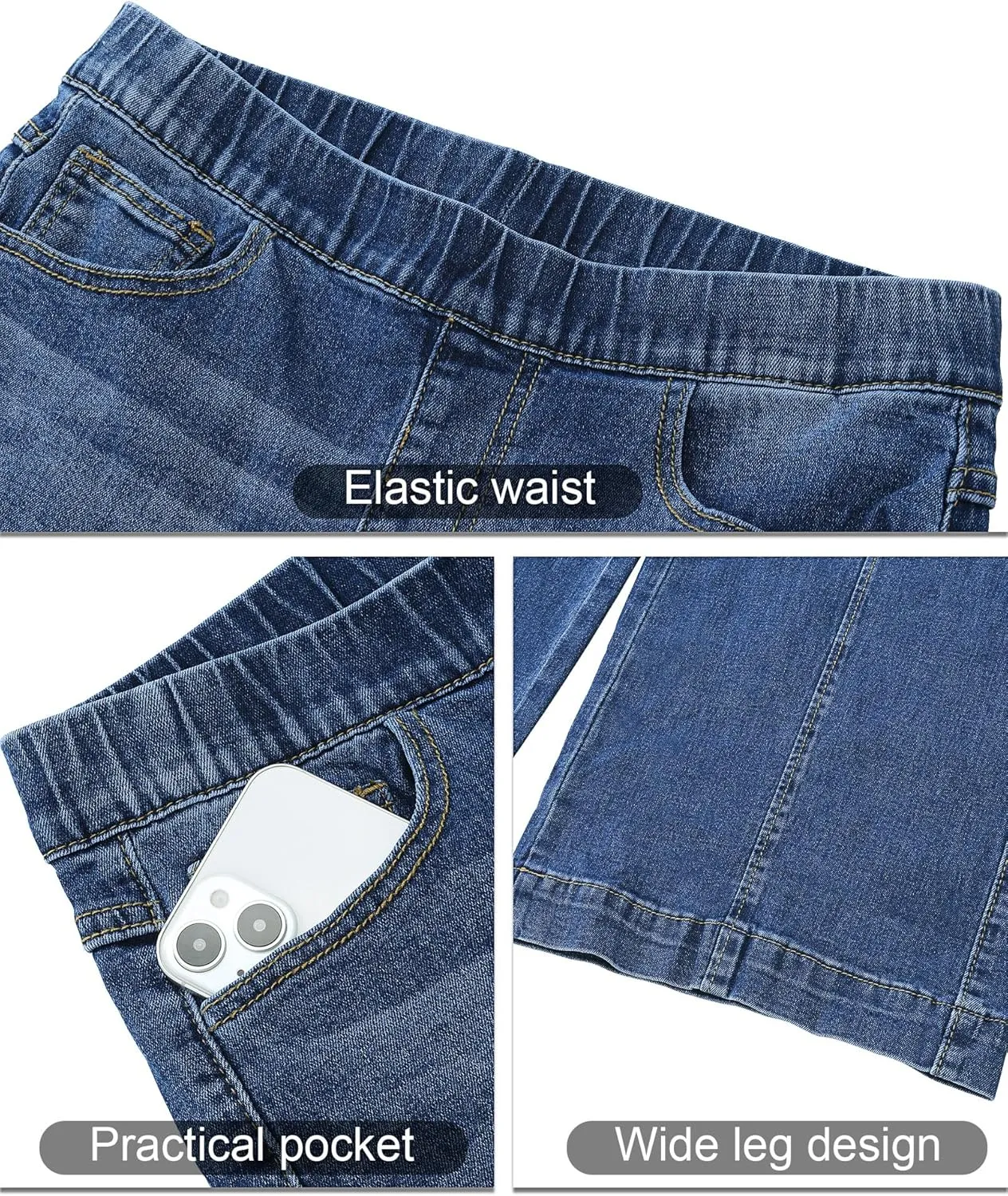 Vetinee Wide Leg Womens Jeans High Waisted Trendy Pull On Seamed Front Stretchy Denim Jean Pants Pockets Trouser Jeans