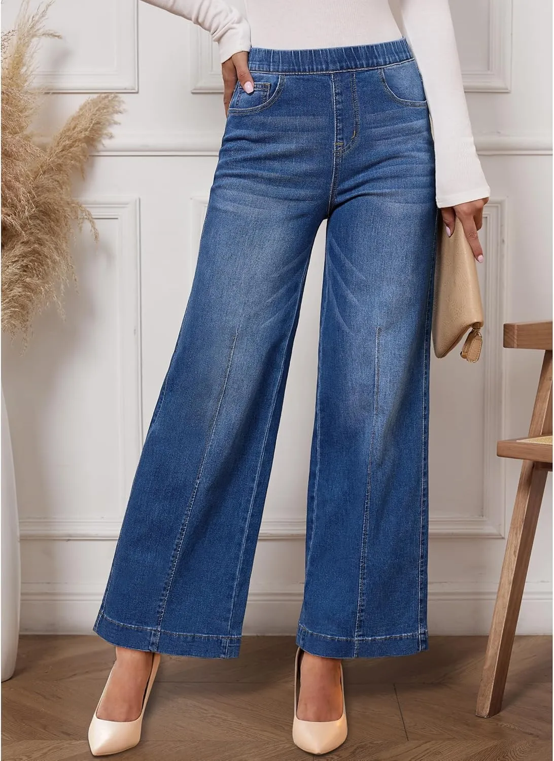 Vetinee Wide Leg Womens Jeans High Waisted Trendy Pull On Seamed Front Stretchy Denim Jean Pants Pockets Trouser Jeans