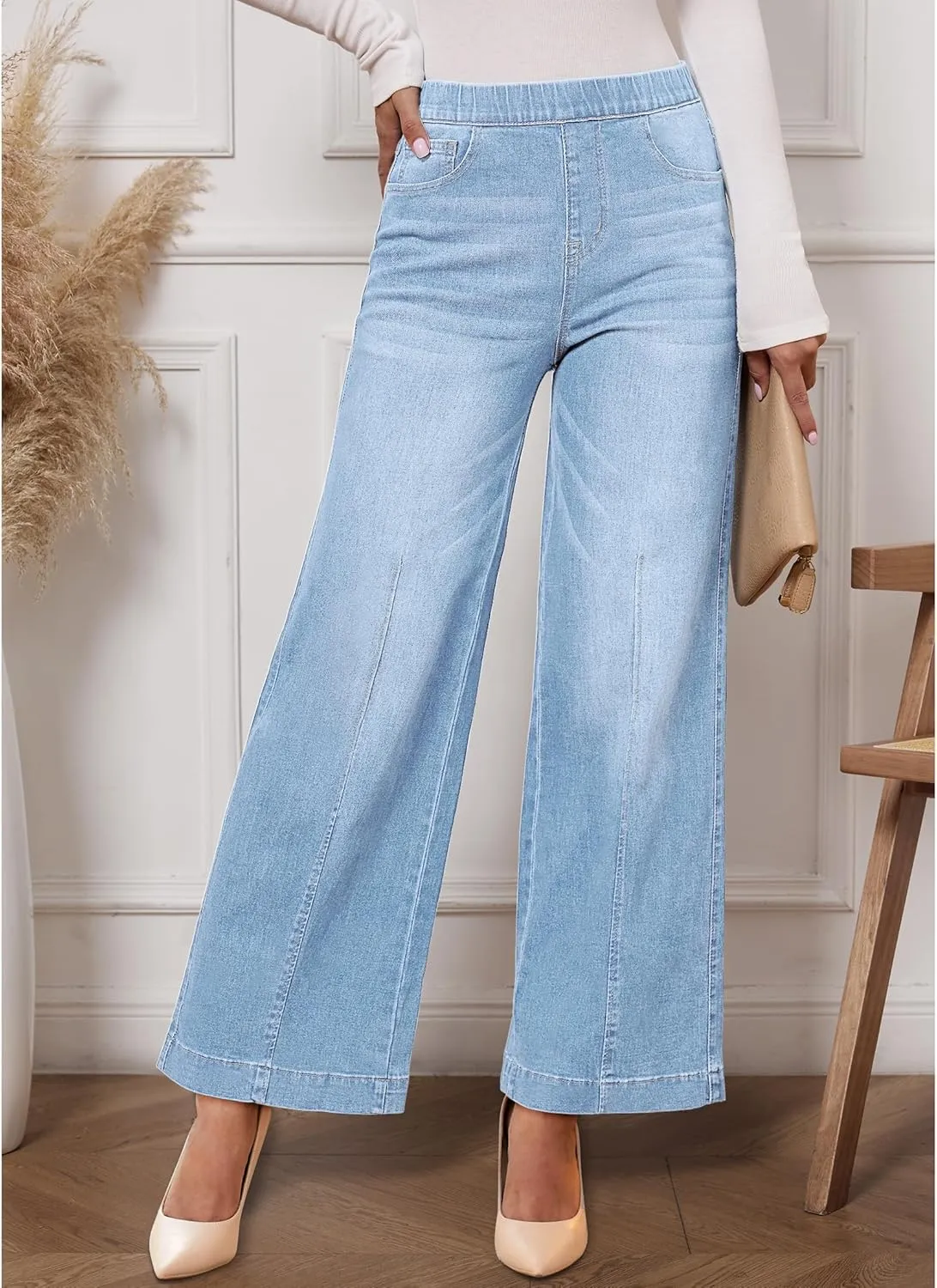Vetinee Wide Leg Womens Jeans High Waisted Trendy Pull On Seamed Front Stretchy Denim Jean Pants Pockets Trouser Jeans