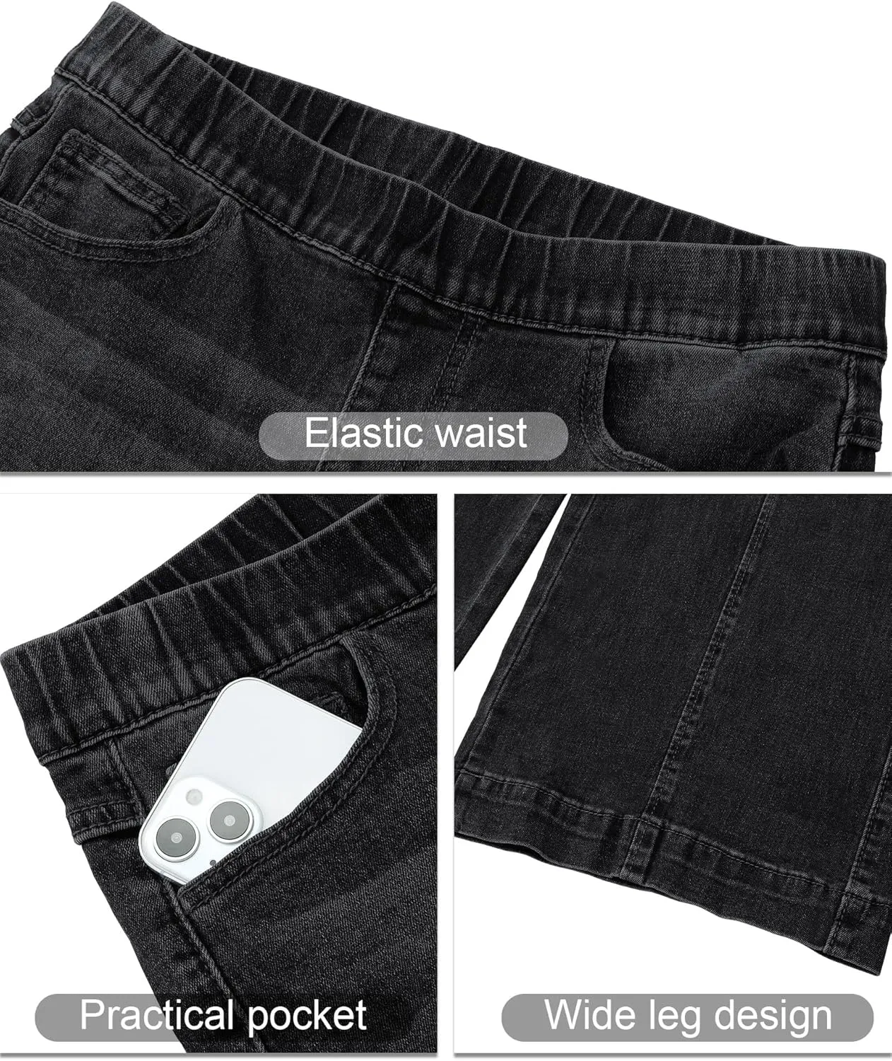 Vetinee Wide Leg Womens Jeans High Waisted Trendy Pull On Seamed Front Stretchy Denim Jean Pants Pockets Trouser Jeans