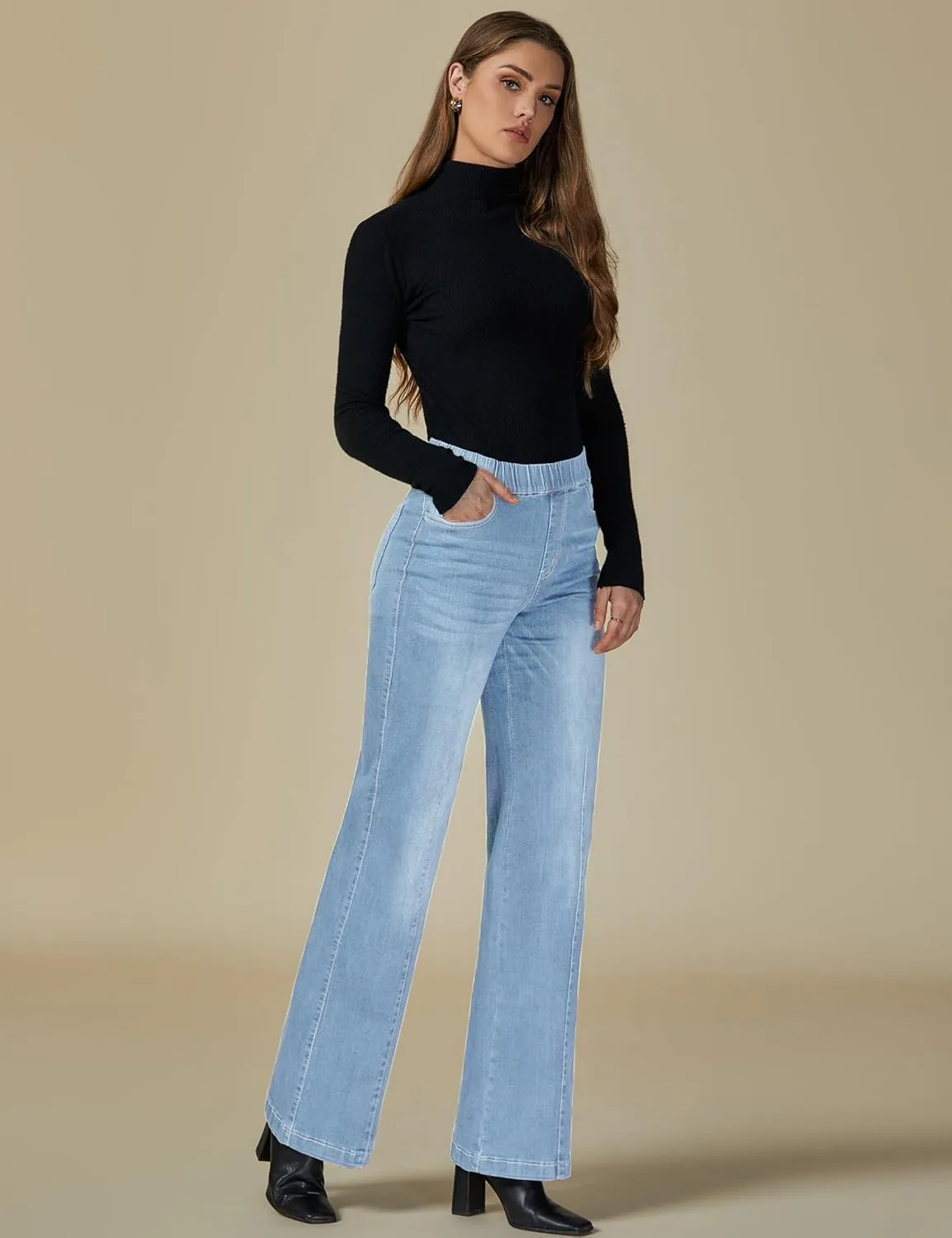 Vetinee Wide Leg Womens Jeans High Waisted Trendy Pull On Seamed Front Stretchy Denim Jean Pants Pockets Trouser Jeans