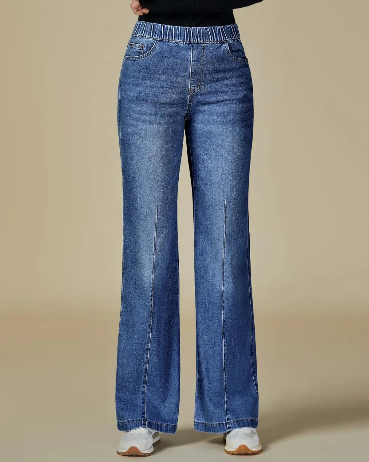 Vetinee Wide Leg Womens Jeans High Waisted Trendy Pull On Seamed Front Stretchy Denim Jean Pants Pockets Trouser Jeans