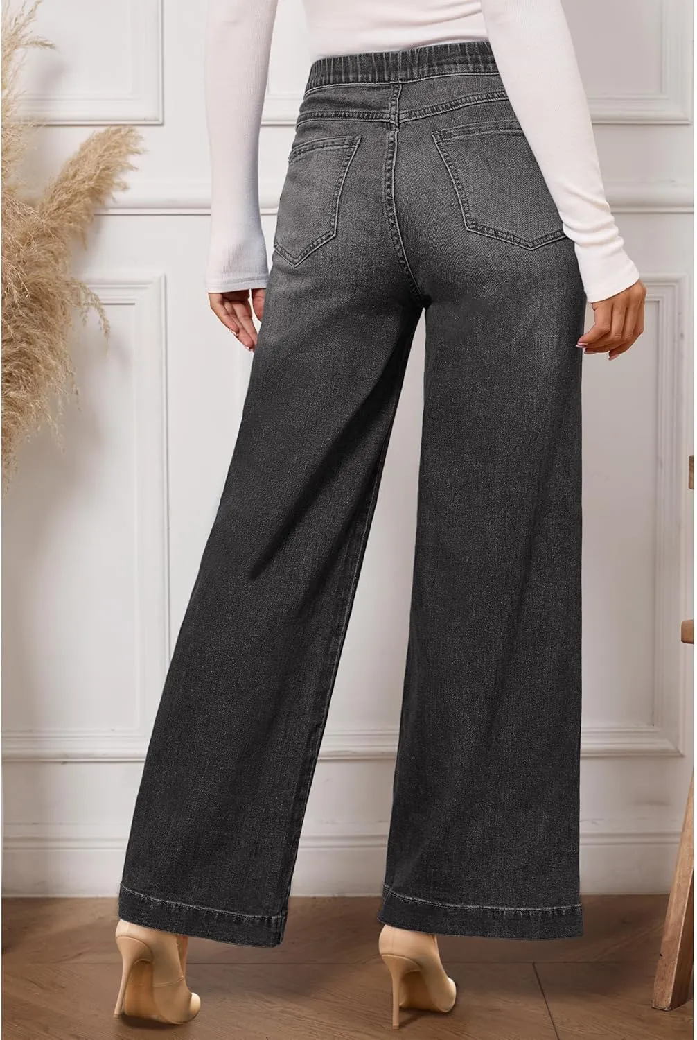 Vetinee Wide Leg Womens Jeans High Waisted Trendy Pull On Seamed Front Stretchy Denim Jean Pants Pockets Trouser Jeans