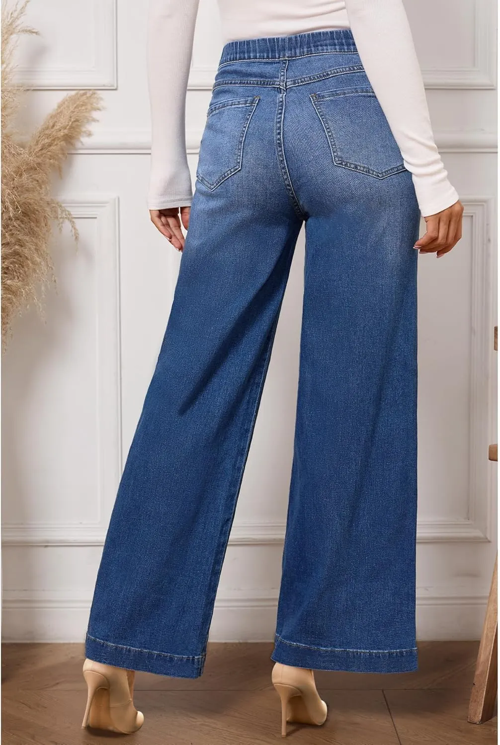 Vetinee Wide Leg Womens Jeans High Waisted Trendy Pull On Seamed Front Stretchy Denim Jean Pants Pockets Trouser Jeans