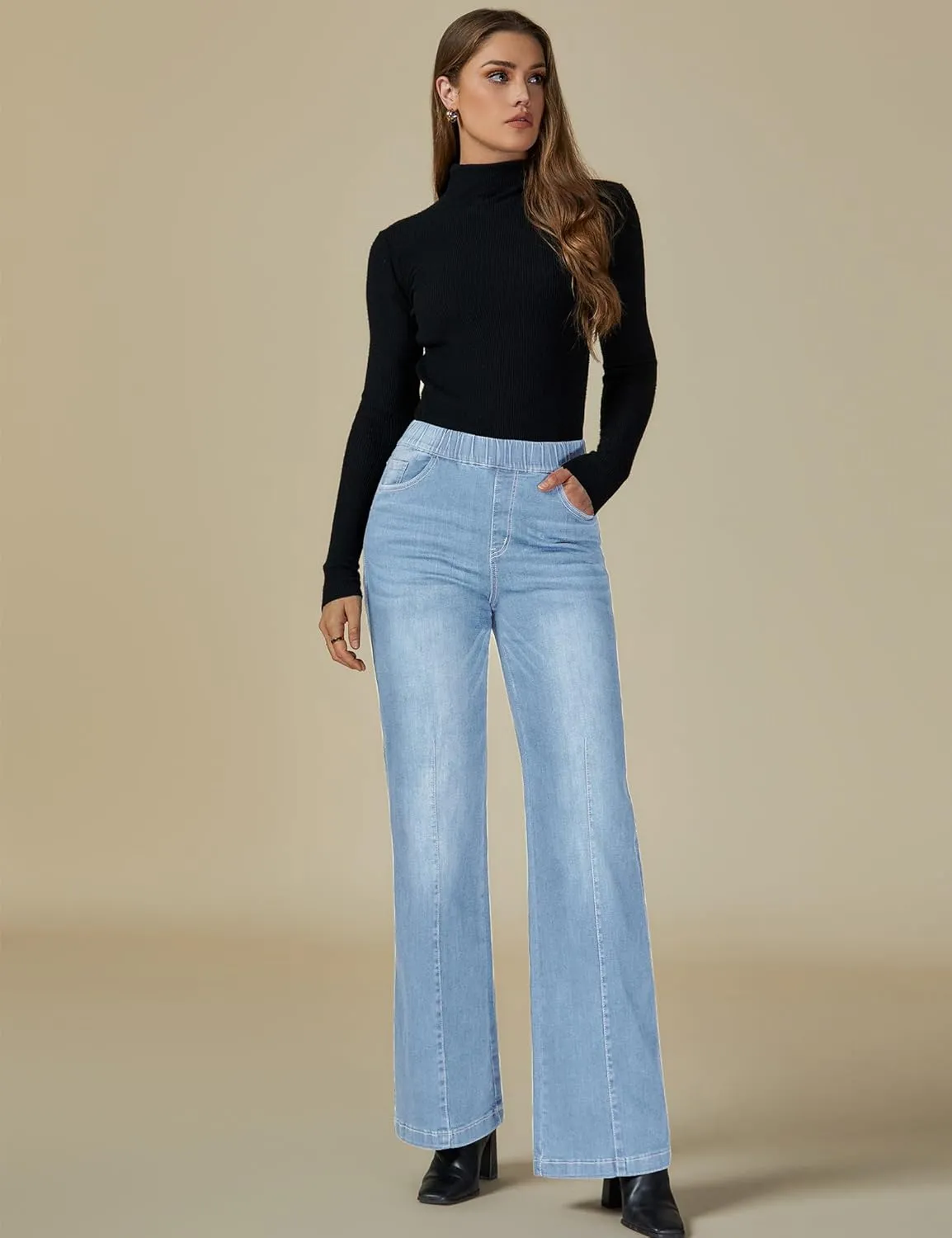 Vetinee Wide Leg Womens Jeans High Waisted Trendy Pull On Seamed Front Stretchy Denim Jean Pants Pockets Trouser Jeans
