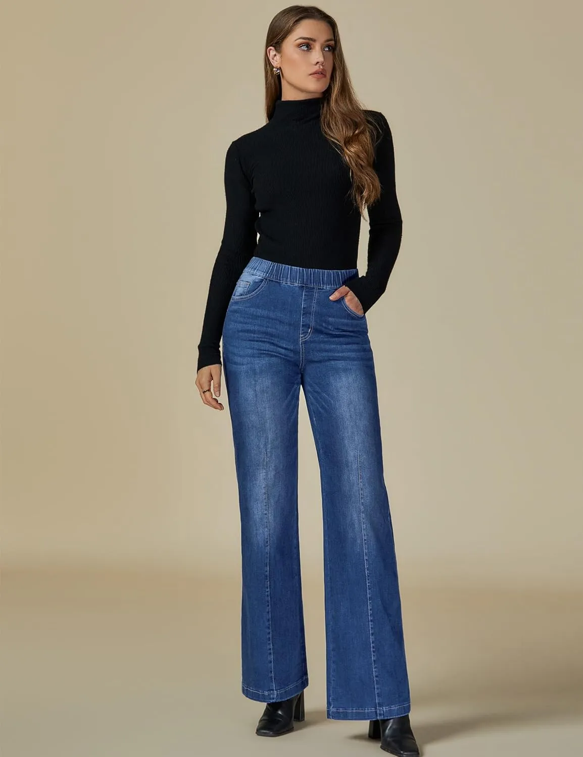 Vetinee Wide Leg Womens Jeans High Waisted Trendy Pull On Seamed Front Stretchy Denim Jean Pants Pockets Trouser Jeans
