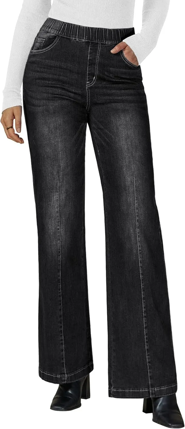 Vetinee Wide Leg Womens Jeans High Waisted Trendy Pull On Seamed Front Stretchy Denim Jean Pants Pockets Trouser Jeans