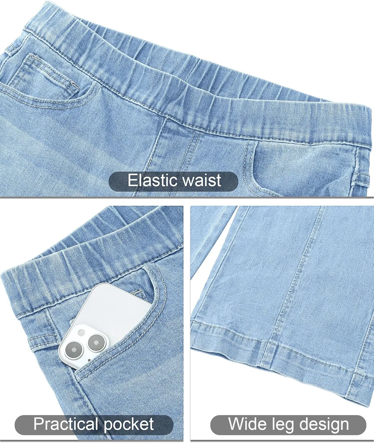 Vetinee Wide Leg Womens Jeans High Waisted Trendy Pull On Seamed Front Stretchy Denim Jean Pants Pockets Trouser Jeans