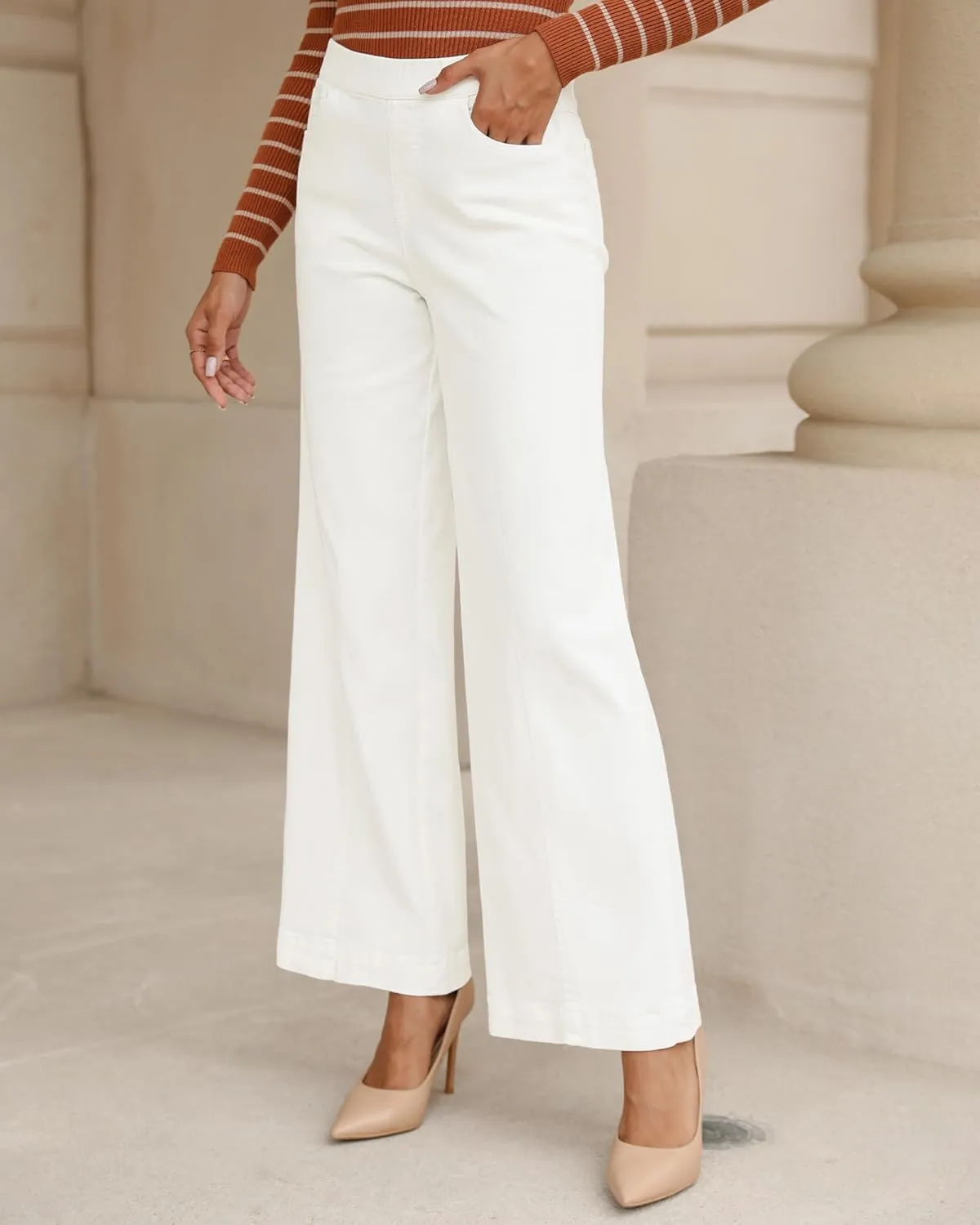 Vetinee Wide Leg Womens Jeans High Waisted Trendy Pull On Seamed Front Stretchy Denim Jean Pants Pockets Trouser Jeans