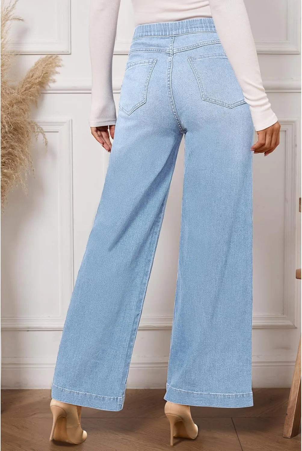 Vetinee Wide Leg Womens Jeans High Waisted Trendy Pull On Seamed Front Stretchy Denim Jean Pants Pockets Trouser Jeans