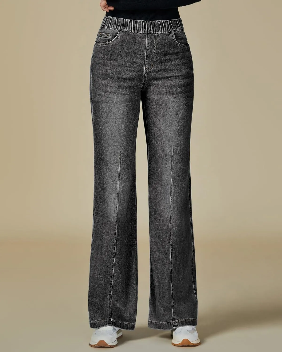 Vetinee Wide Leg Womens Jeans High Waisted Trendy Pull On Seamed Front Stretchy Denim Jean Pants Pockets Trouser Jeans