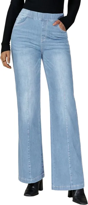 Vetinee Wide Leg Womens Jeans High Waisted Trendy Pull On Seamed Front Stretchy Denim Jean Pants Pockets Trouser Jeans