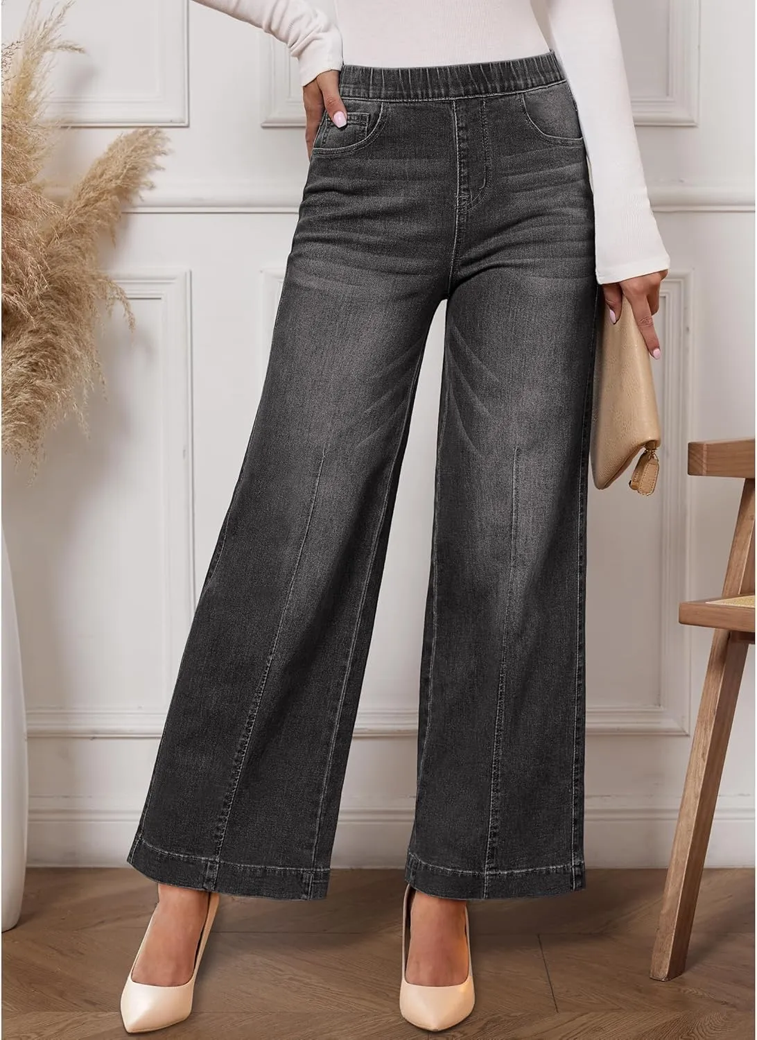 Vetinee Wide Leg Womens Jeans High Waisted Trendy Pull On Seamed Front Stretchy Denim Jean Pants Pockets Trouser Jeans