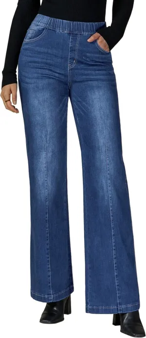 Vetinee Wide Leg Womens Jeans High Waisted Trendy Pull On Seamed Front Stretchy Denim Jean Pants Pockets Trouser Jeans