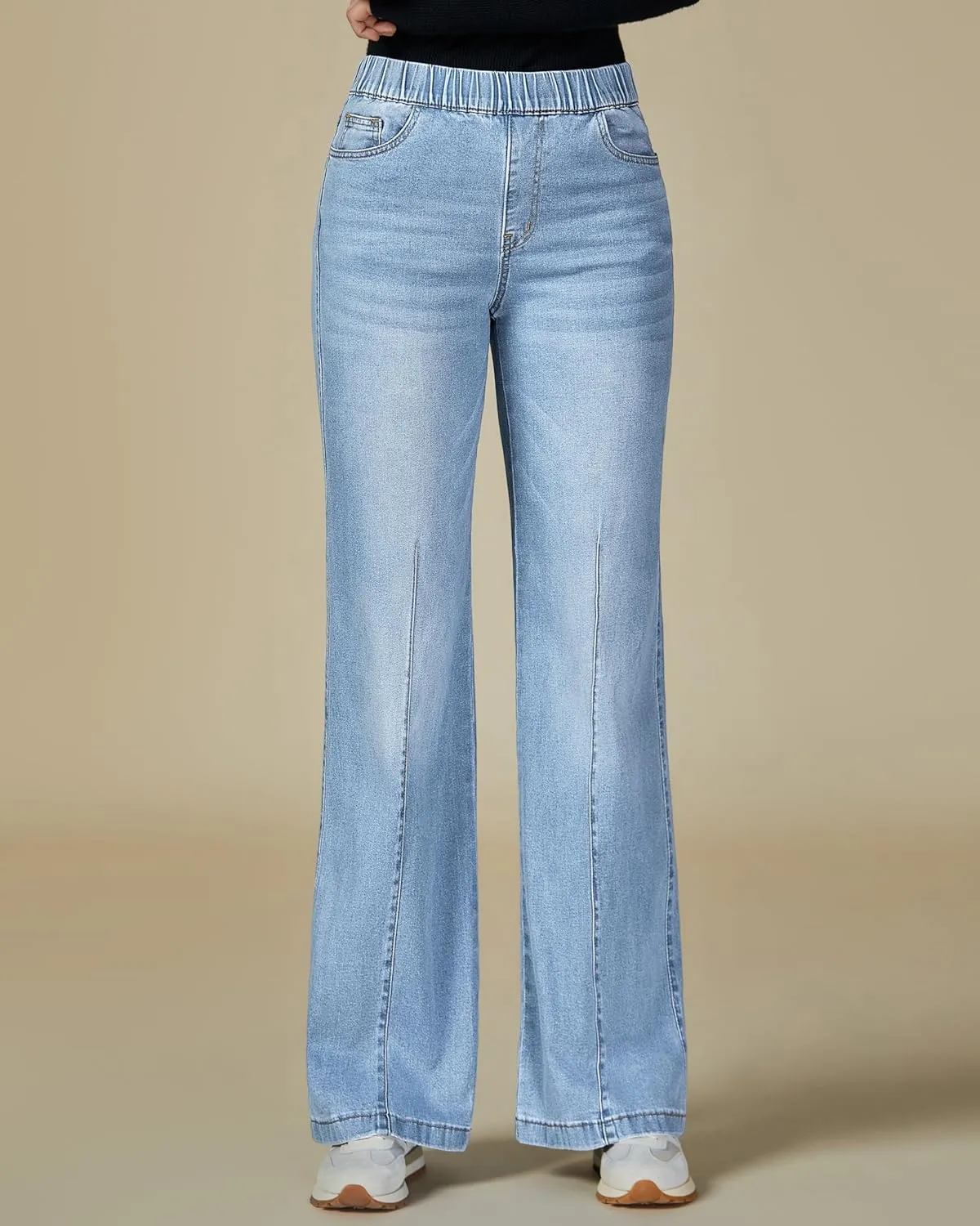 Vetinee Wide Leg Womens Jeans High Waisted Trendy Pull On Seamed Front Stretchy Denim Jean Pants Pockets Trouser Jeans