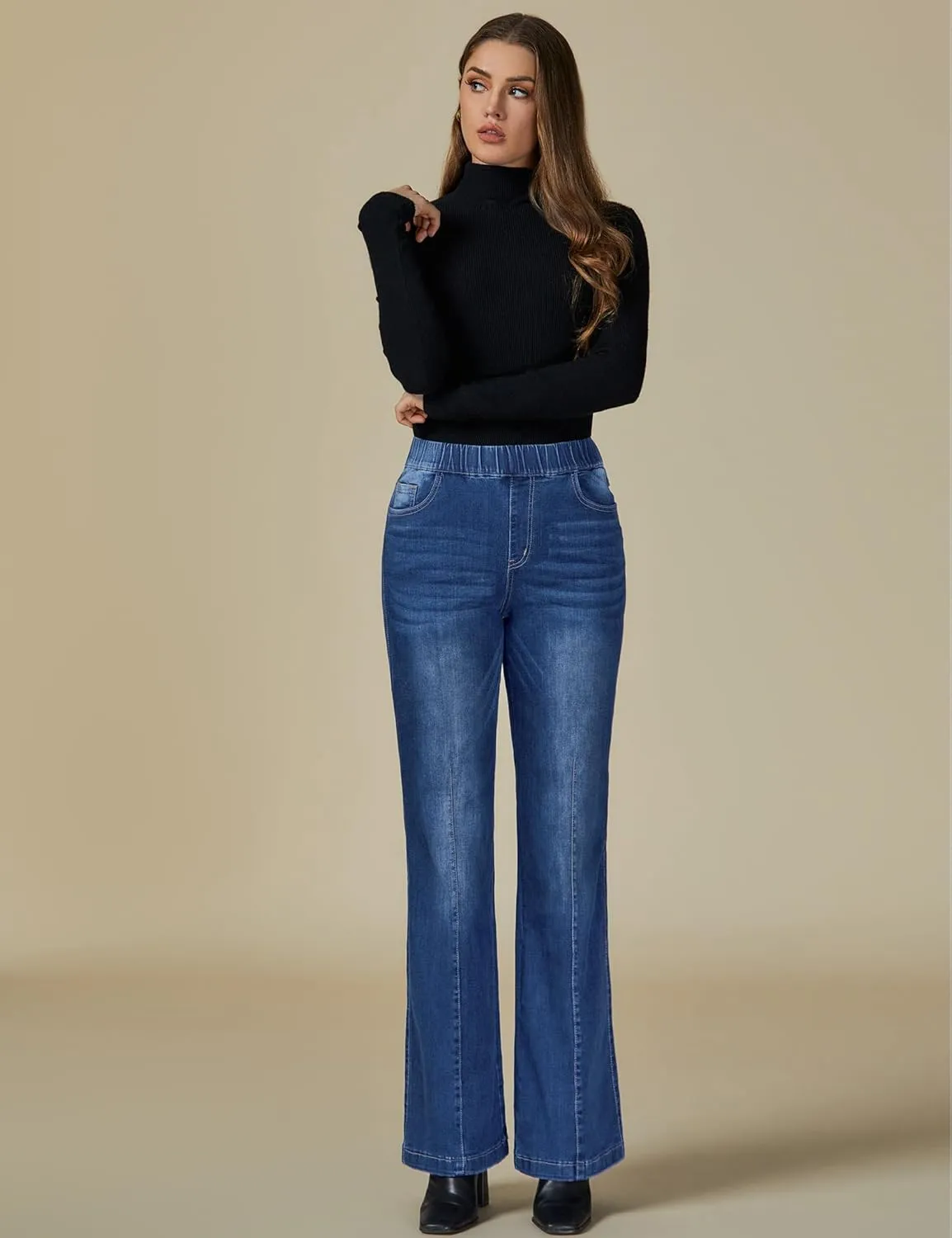 Vetinee Wide Leg Womens Jeans High Waisted Trendy Pull On Seamed Front Stretchy Denim Jean Pants Pockets Trouser Jeans