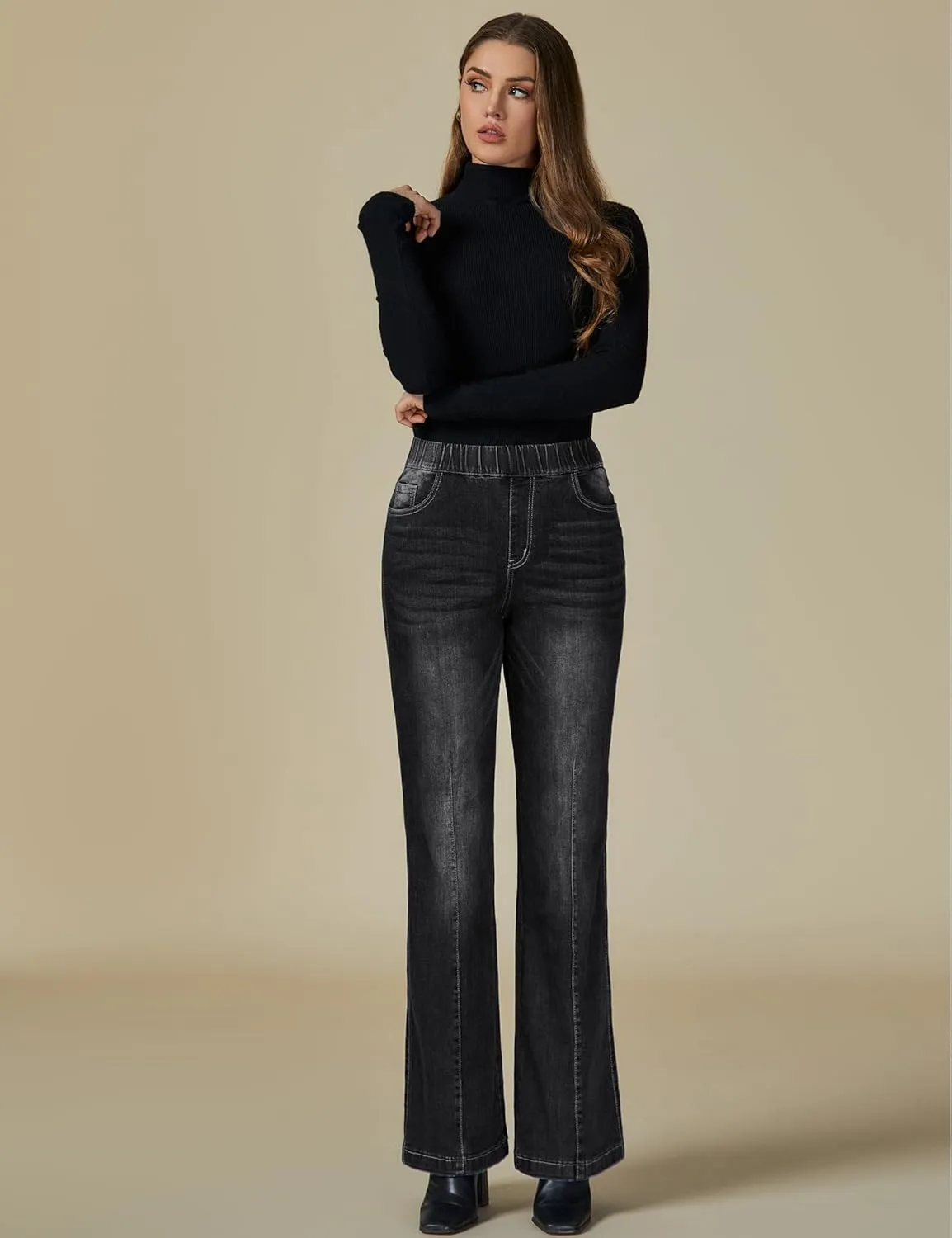 Vetinee Wide Leg Womens Jeans High Waisted Trendy Pull On Seamed Front Stretchy Denim Jean Pants Pockets Trouser Jeans