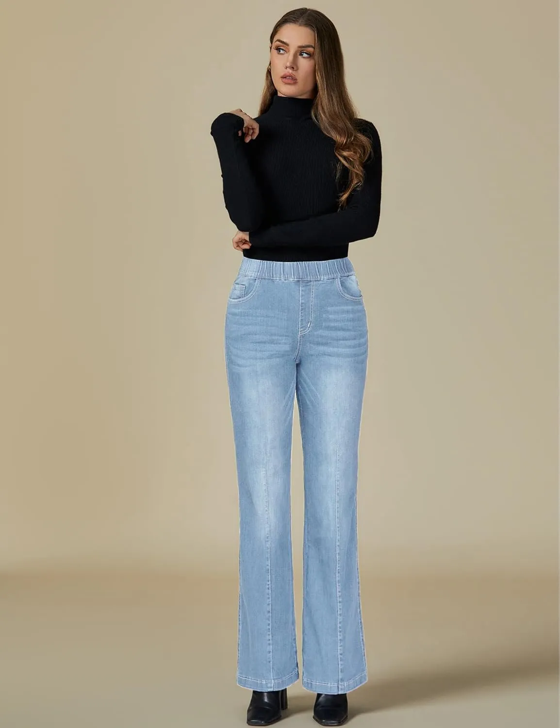 Vetinee Wide Leg Womens Jeans High Waisted Trendy Pull On Seamed Front Stretchy Denim Jean Pants Pockets Trouser Jeans