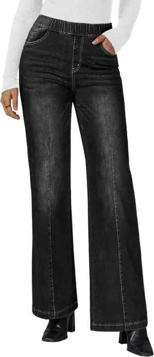 Vetinee Wide Leg Womens Jeans High Waisted Trendy Pull On Seamed Front Stretchy Denim Jean Pants Pockets Trouser Jeans