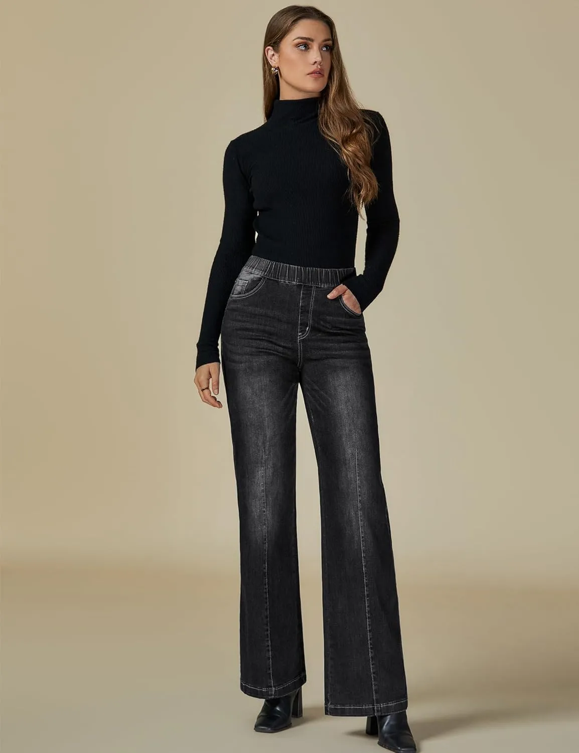 Vetinee Wide Leg Womens Jeans High Waisted Trendy Pull On Seamed Front Stretchy Denim Jean Pants Pockets Trouser Jeans