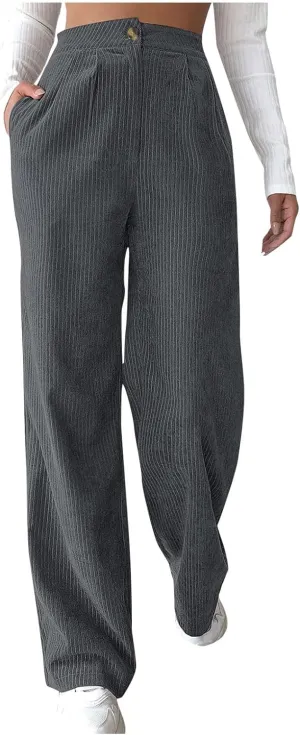 Vintage Corduroy Pants for Women High Waist Dress Pants Loose Straight Leg Lounge Pants Comfy Trousers with Pockets