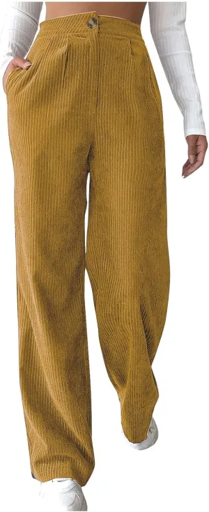 Vintage Corduroy Pants for Women High Waist Dress Pants Loose Straight Leg Lounge Pants Comfy Trousers with Pockets