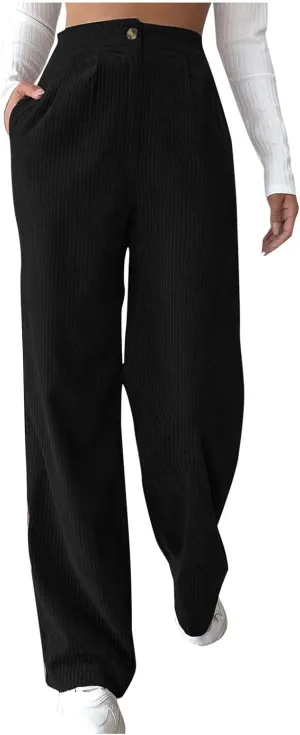 Vintage Corduroy Pants for Women High Waist Dress Pants Loose Straight Leg Lounge Pants Comfy Trousers with Pockets