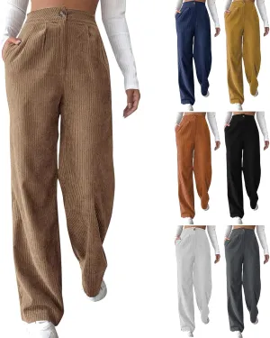 Vintage Corduroy Pants for Women High Waist Dress Pants Loose Straight Leg Lounge Pants Comfy Trousers with Pockets