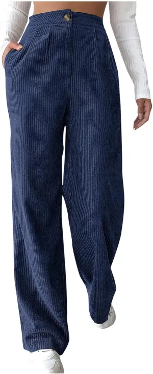 Vintage Corduroy Pants for Women High Waist Dress Pants Loose Straight Leg Lounge Pants Comfy Trousers with Pockets