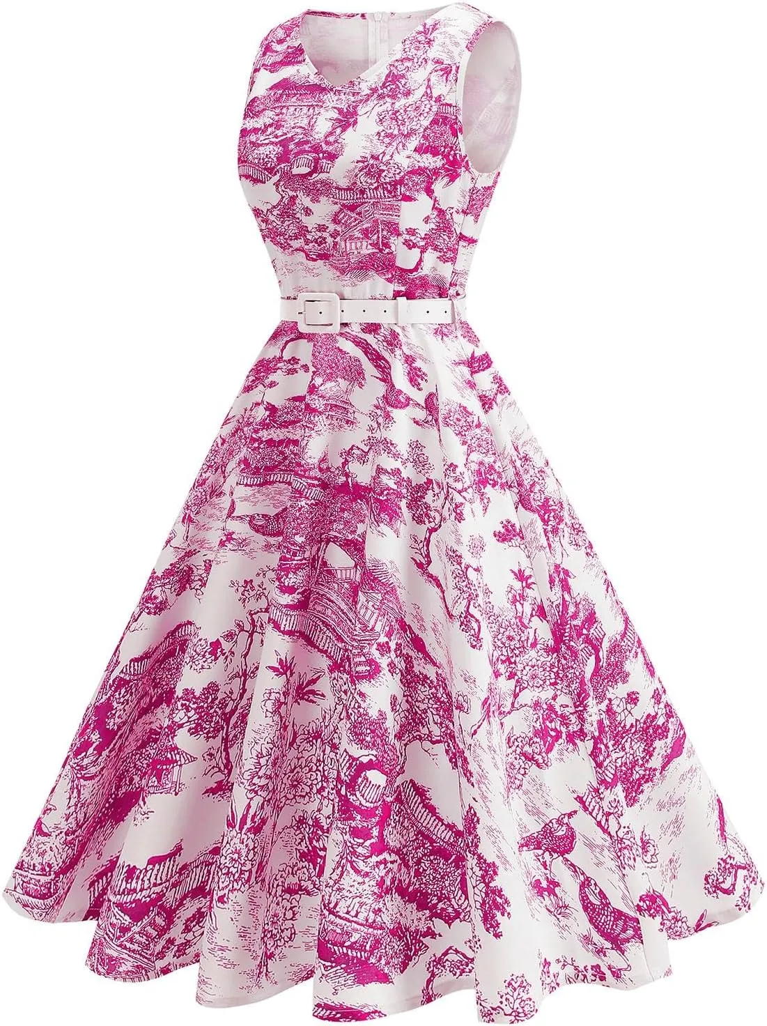 Vintage Dress for Women 1950s Tea Party Floral Print Hepburn Dresses Cocktail Swing Dress with Belt