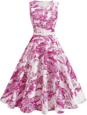 Vintage Dress for Women 1950s Tea Party Floral Print Hepburn Dresses Cocktail Swing Dress with Belt