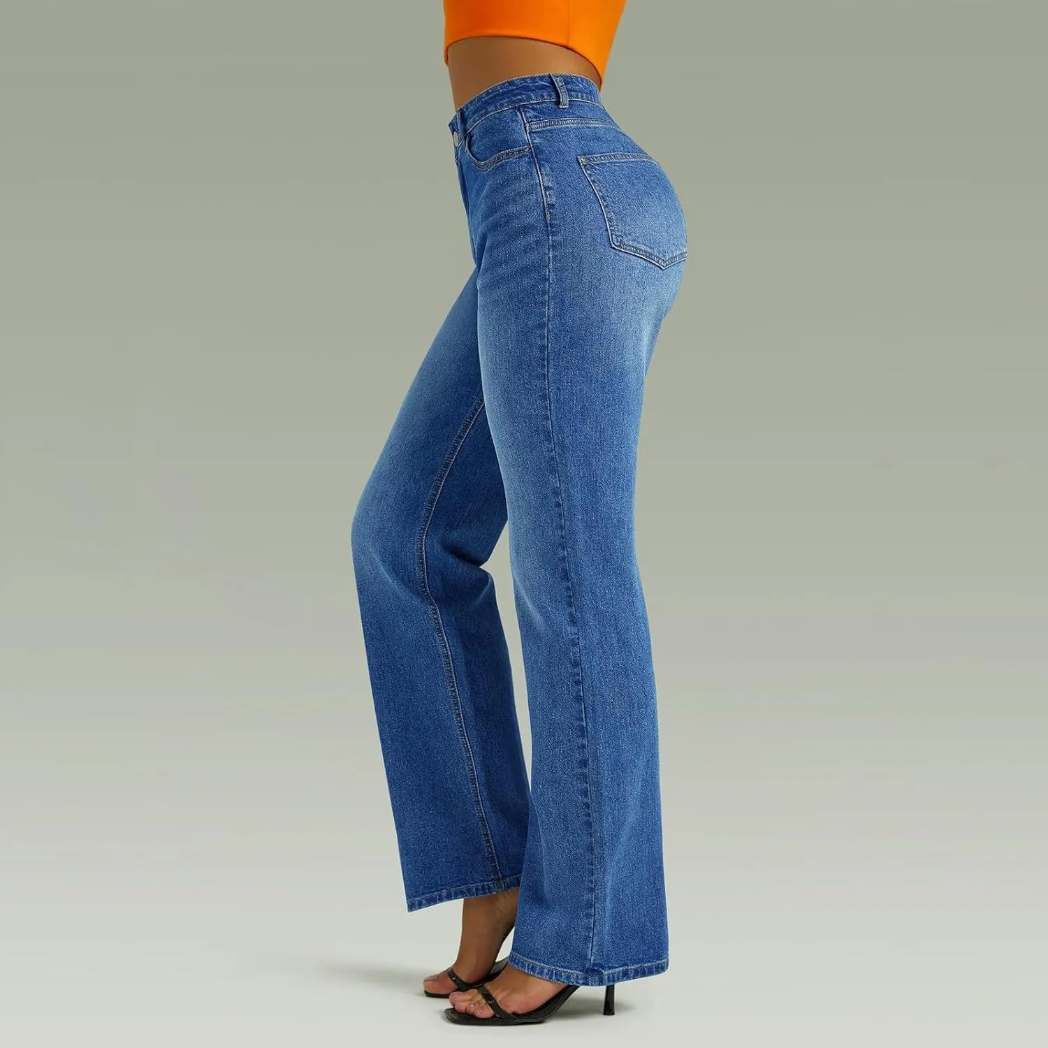 Wide Leg Jeans for Women Cropped High Waisted Trendy Button Fly Patch Pocket Stretchy Denim Pants Trousers Jeans