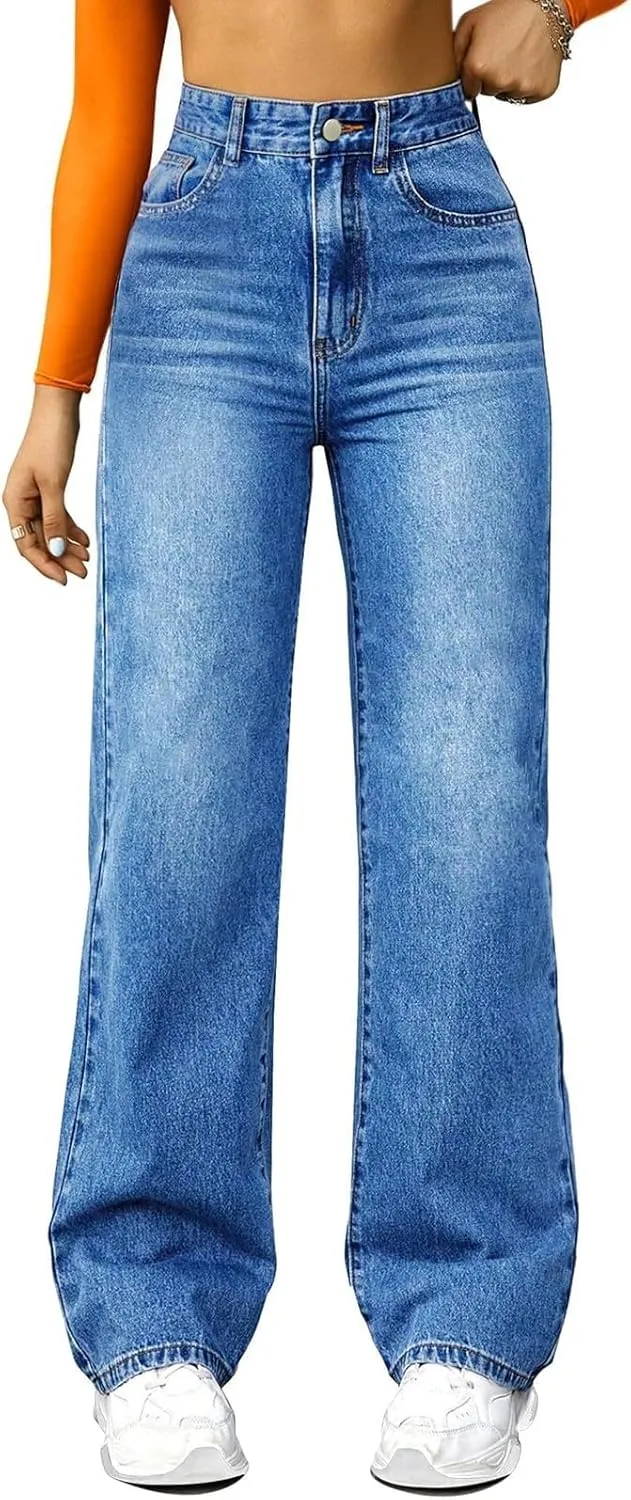 Wide Leg Jeans for Women Cropped High Waisted Trendy Button Fly Patch Pocket Stretchy Denim Pants Trousers Jeans