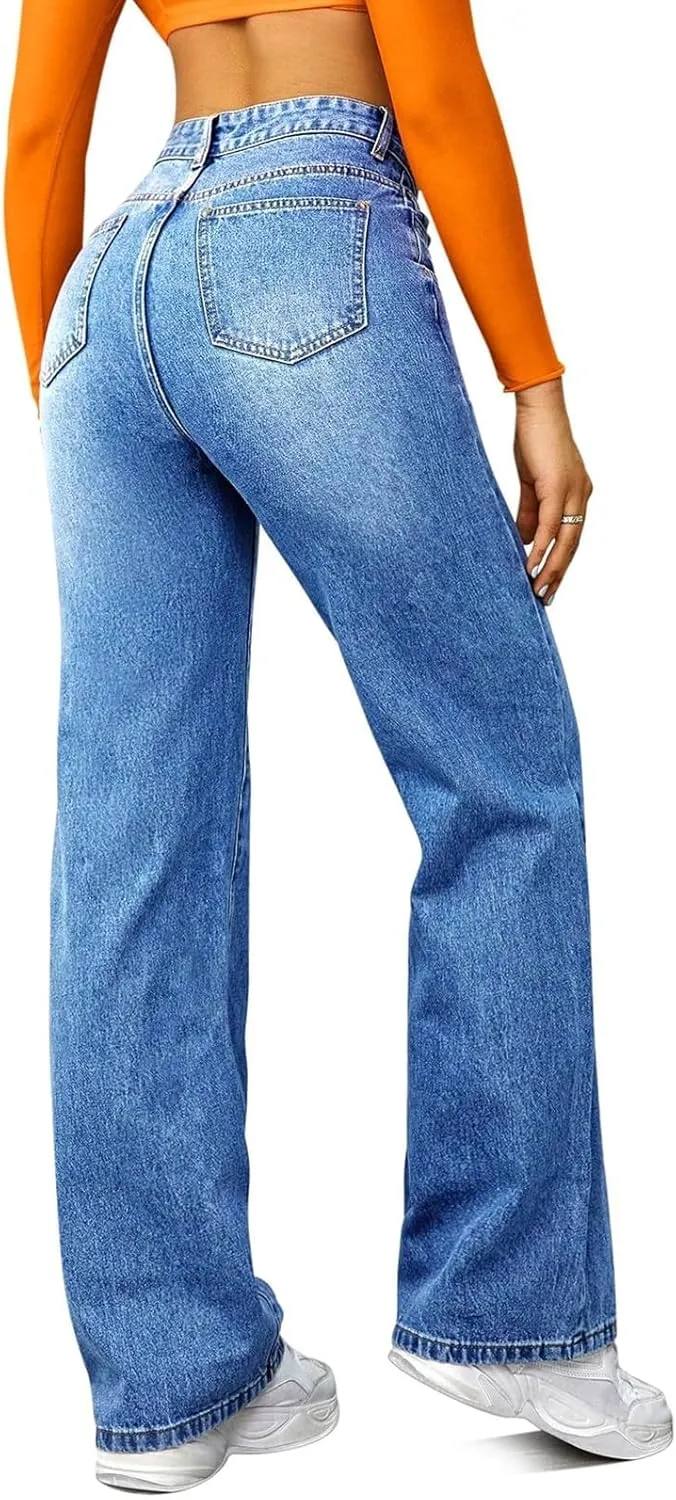 Wide Leg Jeans for Women Cropped High Waisted Trendy Button Fly Patch Pocket Stretchy Denim Pants Trousers Jeans