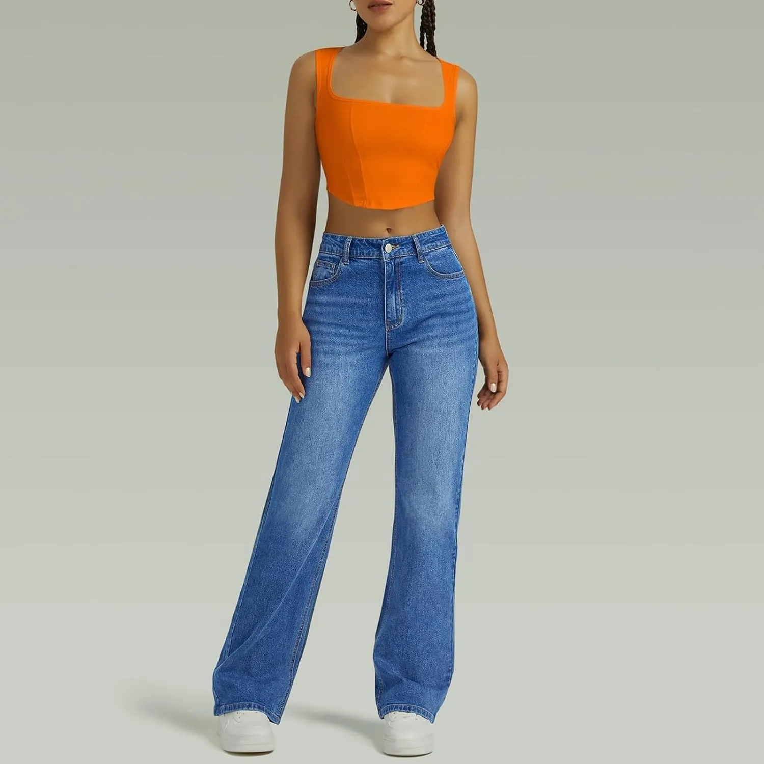 Wide Leg Jeans for Women Cropped High Waisted Trendy Button Fly Patch Pocket Stretchy Denim Pants Trousers Jeans