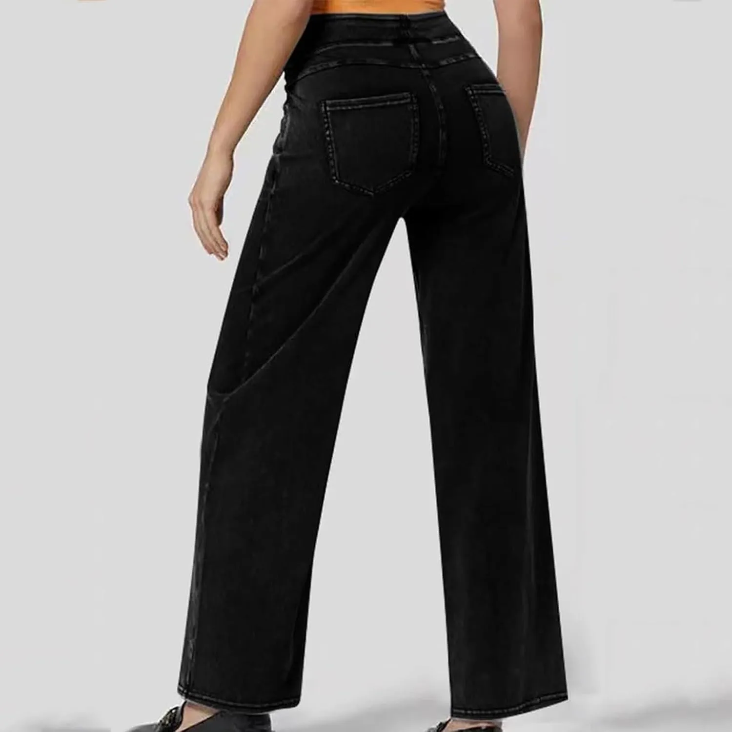 Wide Leg Jeans for Women Pull On High Waisted Tummy Control Pants Trendy Straight Leg Stretchy Baggy Jeans Denim Pant