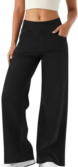 Wide Leg Jeans for Women Pull On High Waisted Tummy Control Pants Trendy Straight Leg Stretchy Baggy Jeans Denim Pant