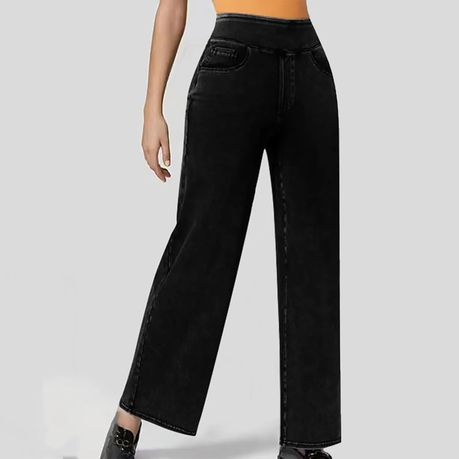 Wide Leg Jeans for Women Pull On High Waisted Tummy Control Pants Trendy Straight Leg Stretchy Baggy Jeans Denim Pant