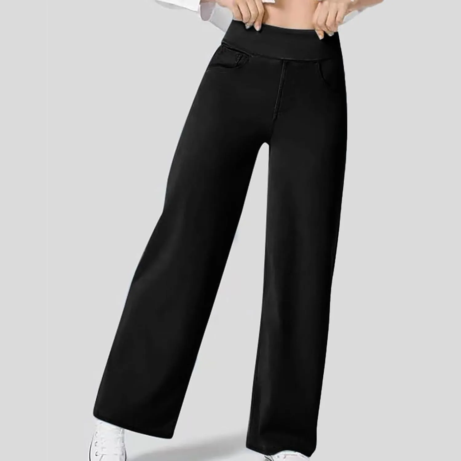 Wide Leg Jeans for Women Pull On High Waisted Tummy Control Pants Trendy Straight Leg Stretchy Baggy Jeans Denim Pant