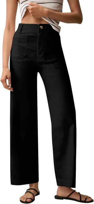 Wide Leg Jeans Women High Waisted Stretch Twill Cropped Pants with Pocket Casual Straight Leg Pants Comfy Chino Pants