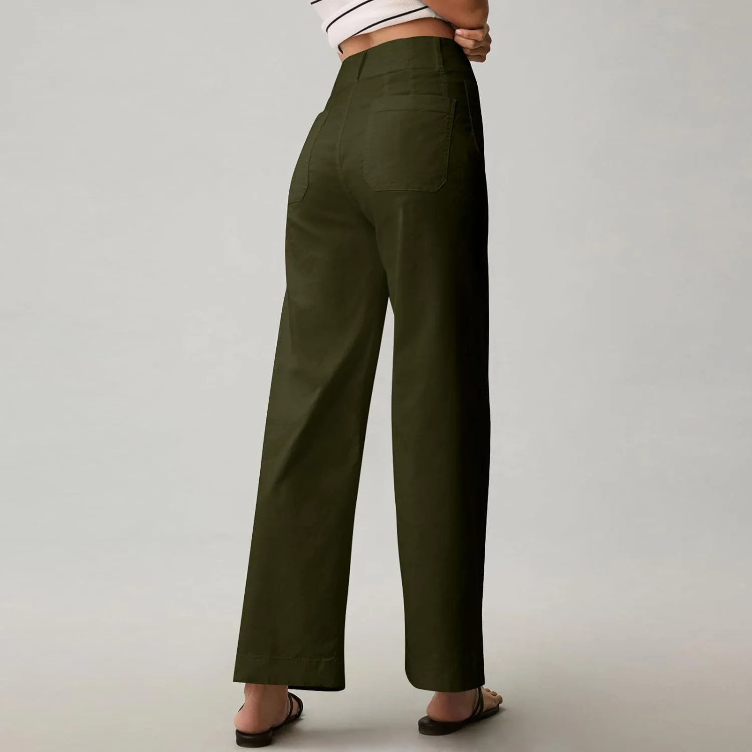 Wide Leg Jeans Women High Waisted Stretch Twill Cropped Pants with Pocket Casual Straight Leg Pants Comfy Chino Pants