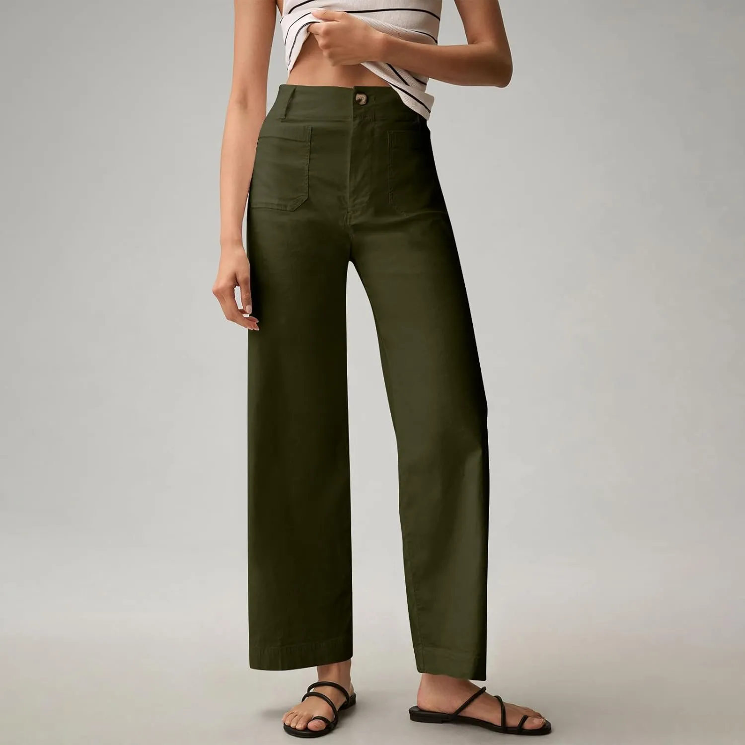 Wide Leg Jeans Women High Waisted Stretch Twill Cropped Pants with Pocket Casual Straight Leg Pants Comfy Chino Pants